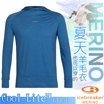 Icebreaker 男款 美麗諾羊毛 COOL-LITE 休閒圓領長袖連帽上衣_水藍