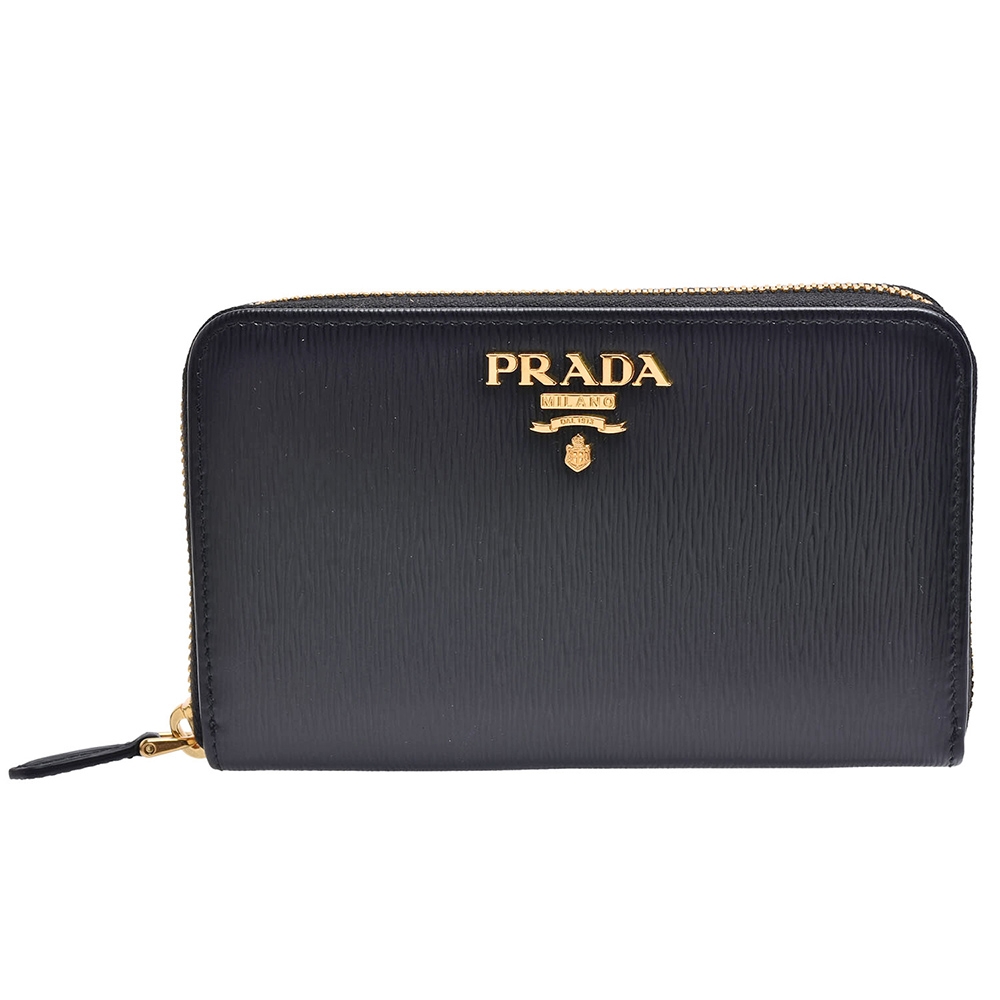 PRADA 經典金色金屬浮雕LOGO直紋牛皮拉鍊中夾(黑色)