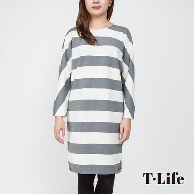 T.Life 漫步日常簡約條紋配色設計洋裝(3色)