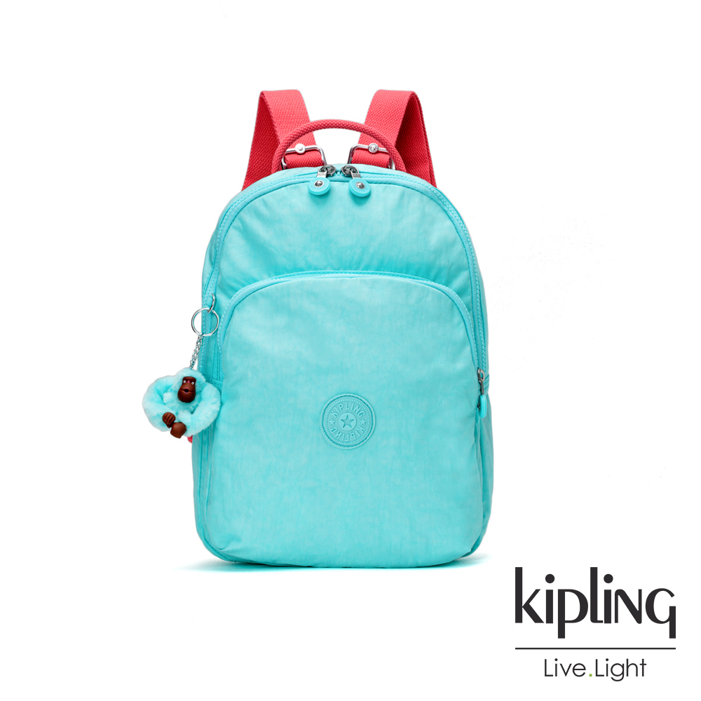 Kipling 糖果色調薄荷綠撞色雙層拉鍊後背包-SEOUL AIR S