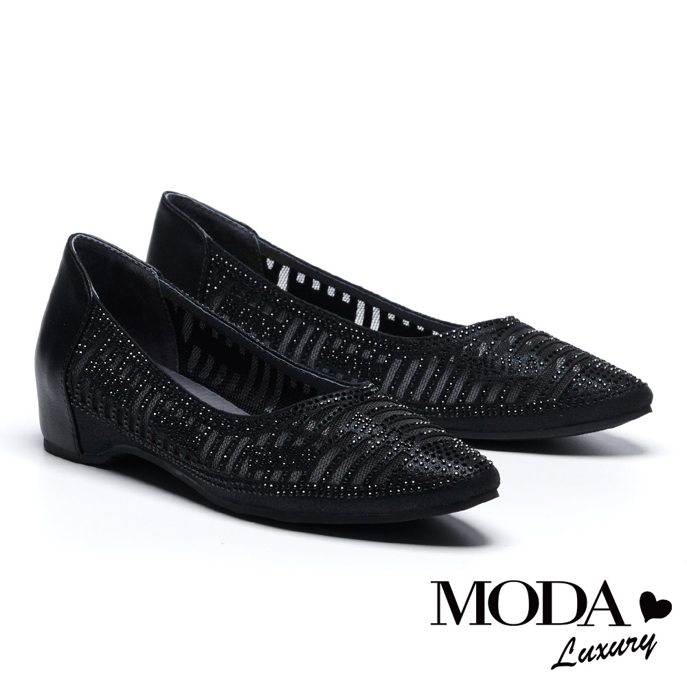 低跟鞋 MODA Luxury 閃動品味LOGO鑽拼接網布內增高低跟鞋－黑