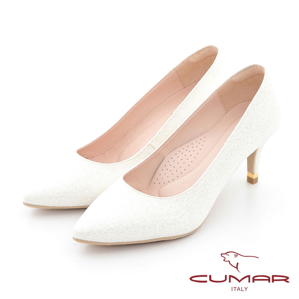 【CUMAR】尖頭閃耀花紋金屬裝飾高跟鞋-白銀