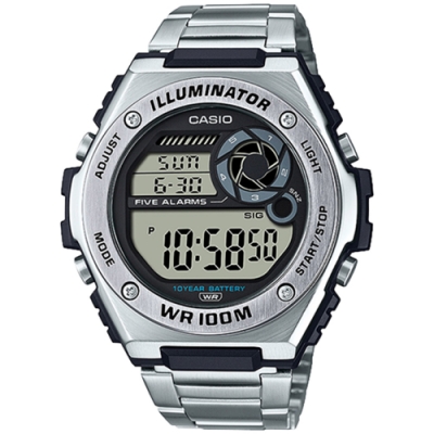CASIO 卡西歐 10年電力金屬風計時手錶 送禮推薦-銀 MWD-100HD-1A