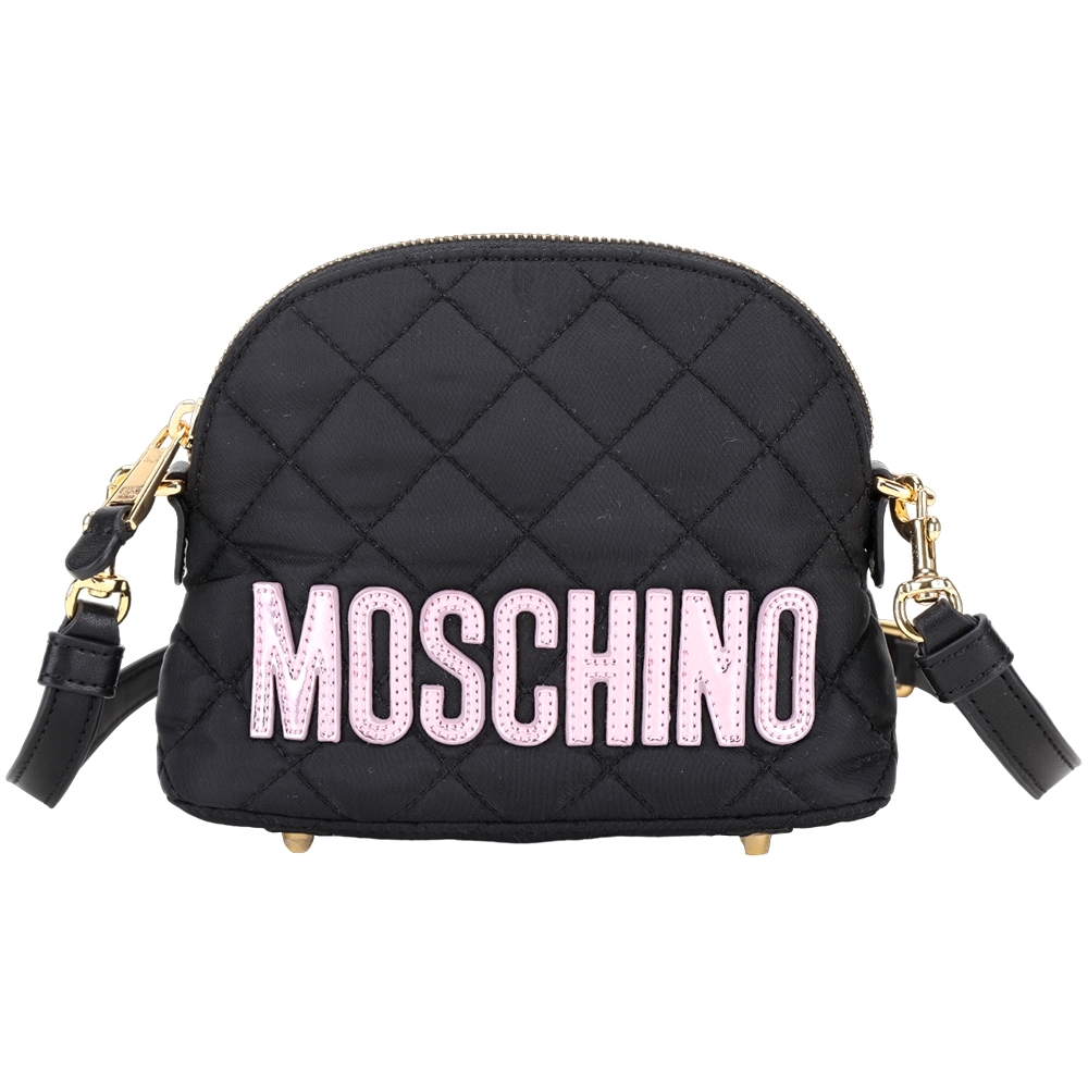 MOSCHINO 粉字母絎縫尼龍可拆背帶手拿/斜背貝殼包(黑色)