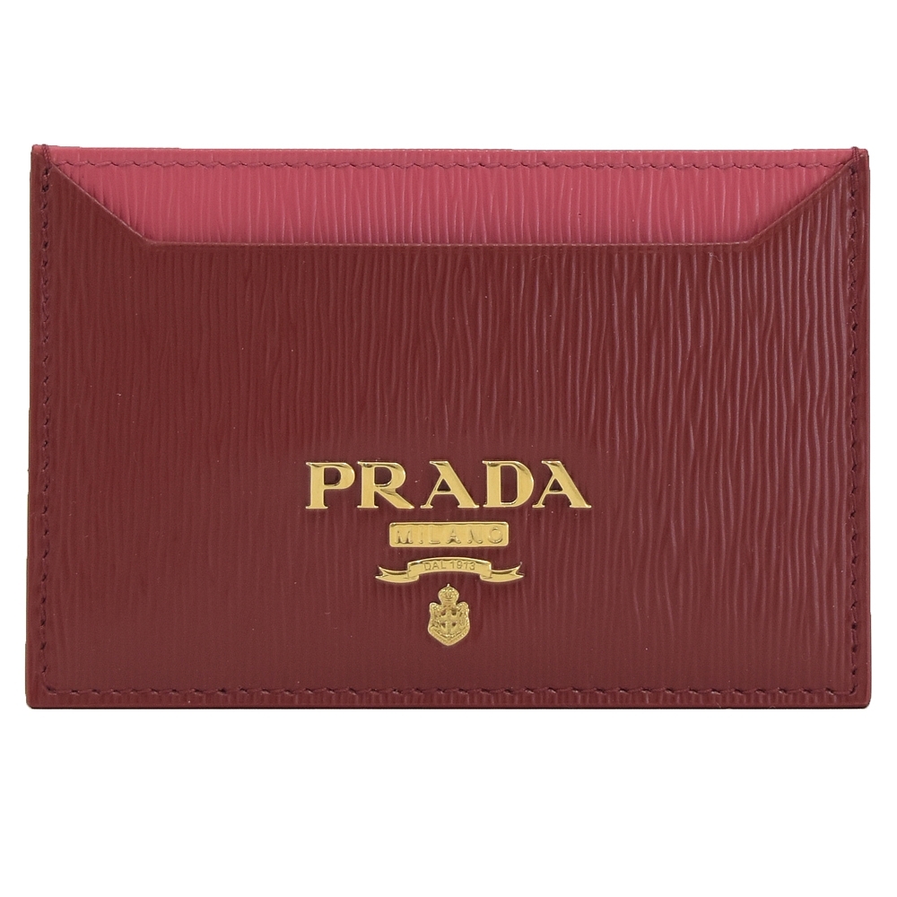 PRADA 金屬LOGO水波紋牛皮簡易卡片名片夾(暗紅/粉)