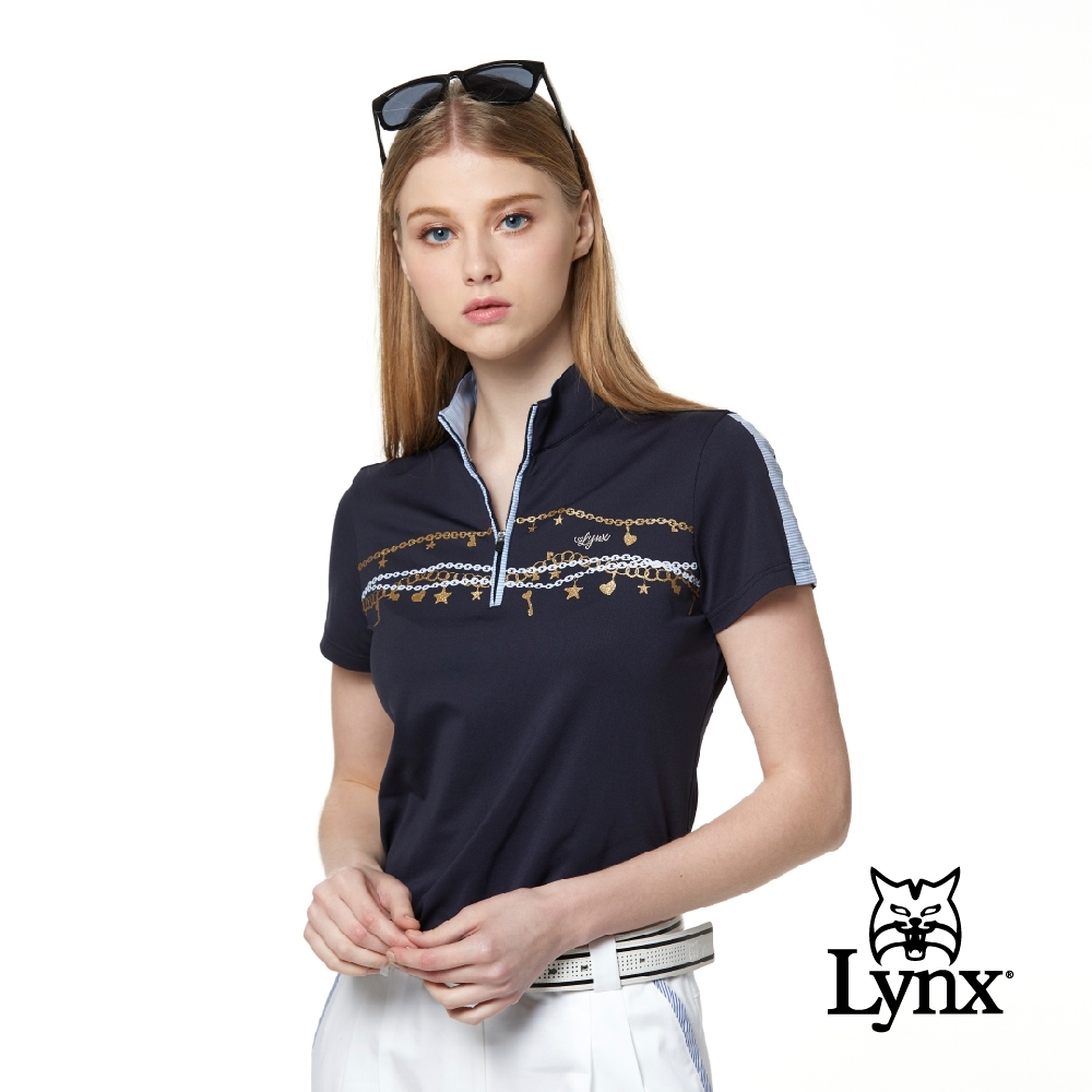 【Lynx Golf】女款吸濕排汗抗UV合身版鎖鍊金箔印花短袖立領POLO衫-深藍色