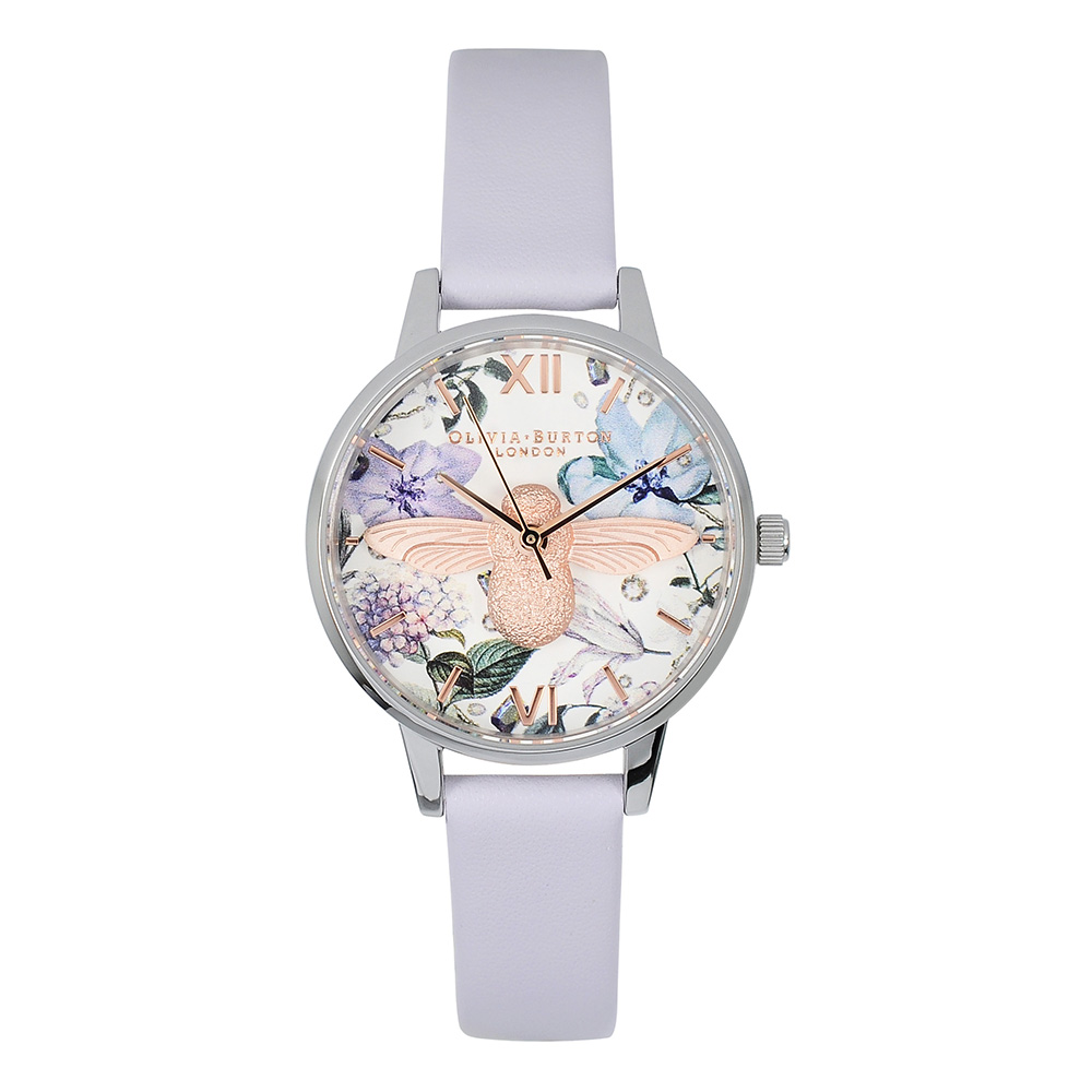 Olivia Burton 英倫復古手錶 3D立體蜜蜂 粉紫色真皮錶帶銀框30mm