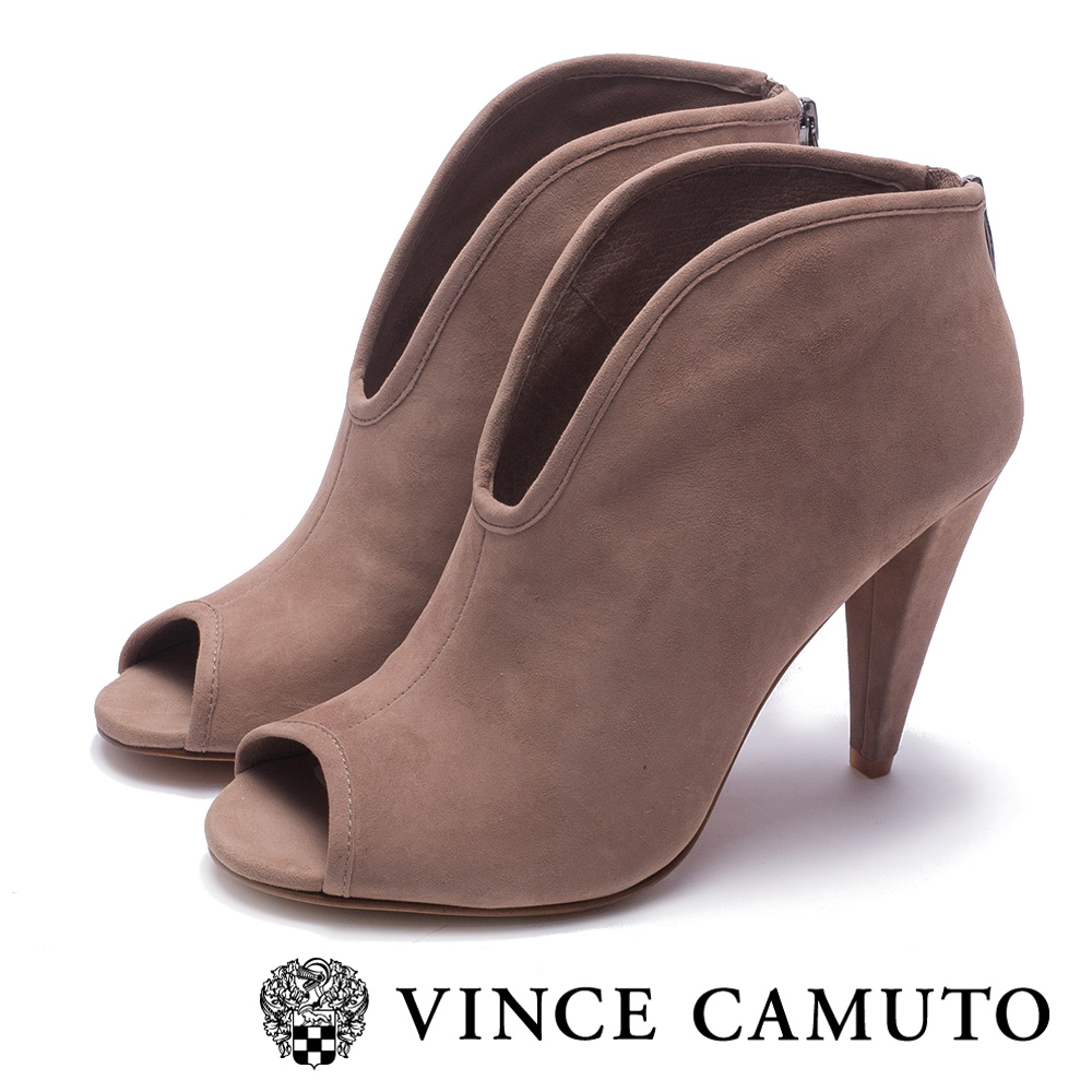 VINCE CAMUTO-真皮V字切口露趾高跟踝靴-絨灰