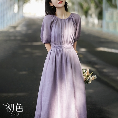 初色 圓領後背鏤空蝴蝶結系帶棉麻風收腰短袖連身中長裙洋裝-紫色-68347(M-XL可選)