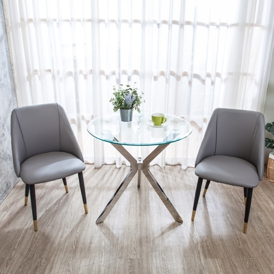 Boden-海肯2.6尺玻璃圓型餐桌/洽談桌+伊登工業風灰色耐刮皮革餐椅(一桌二椅)-79x79x76.5cm