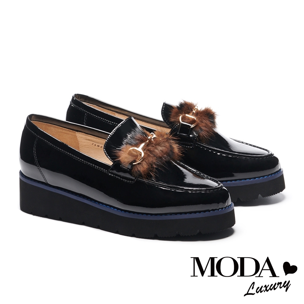 厚底鞋 MODA Luxury 復古時髦貂毛馬銜釦樂福厚底鞋－黑