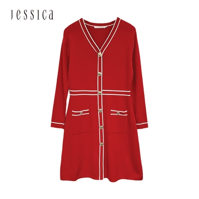 JESSICA - 氣質修身顯瘦撞色邊V領針織長袖洋裝21427E（紅）