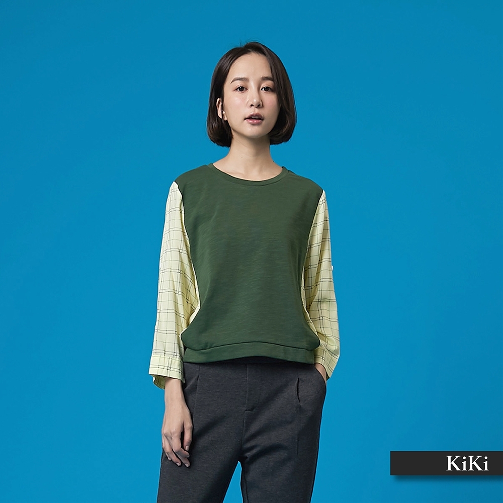 【KiKi】假兩件式背心格紋-上衣(綠色)
