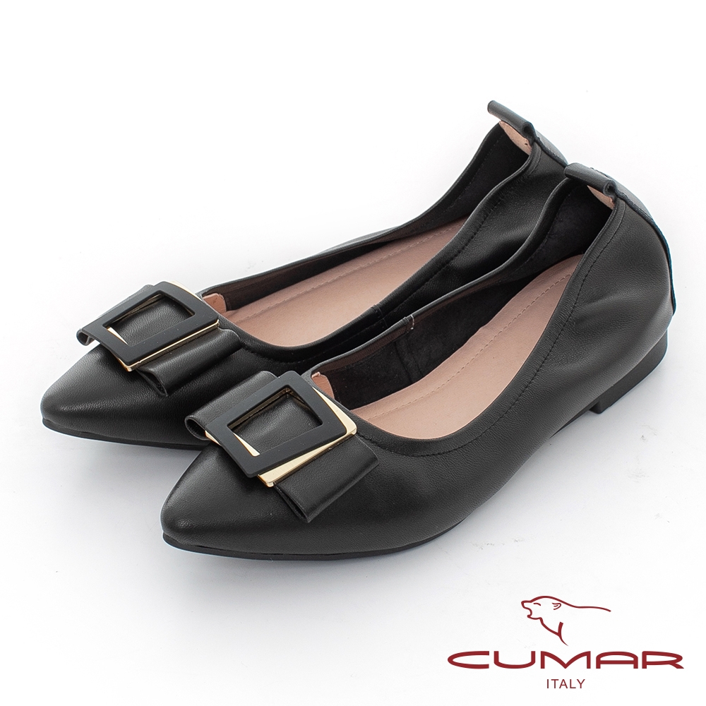 【CUMAR】尖頭同面色金屬飾釦平底鞋-黑色