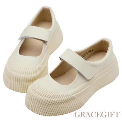 【Grace Gift】大圓頭羊皮魔鬼氈厚底瑪莉珍休閒鞋 米白