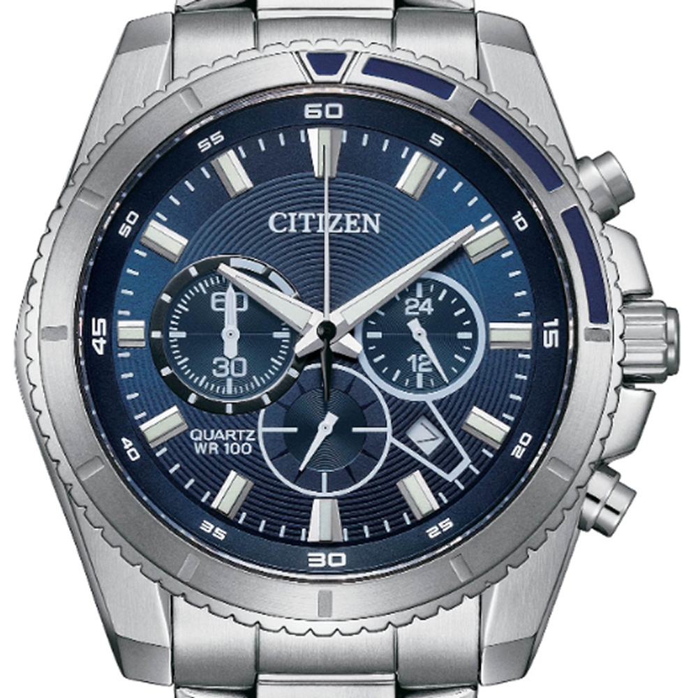 CITIZEN 星辰Chronograph 碼錶計時三眼不鏽鋼男石英錶-藍44mm AN8201