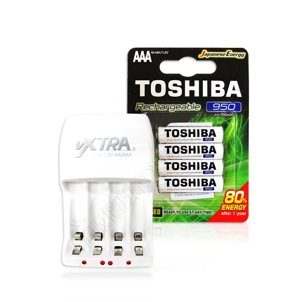 TOSHIBA東芝4號低自放電鎳氫充電電池950mAh(4顆入)+VXTRA新經濟型充電器