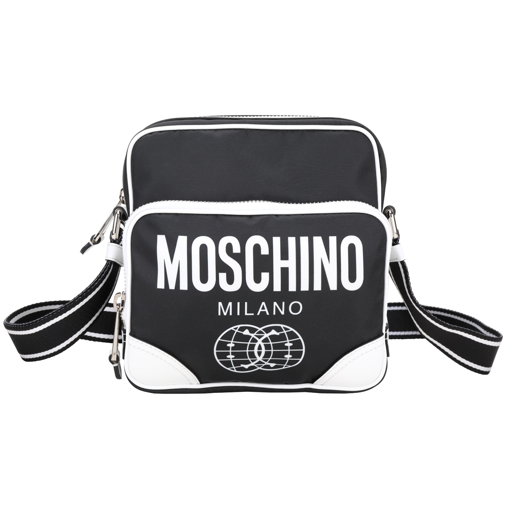 MOSCHINO Smiley 笑臉聯名 字母印花尼龍拉鍊斜背包(黑色)