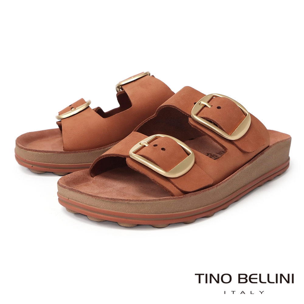 Tino Bellini 歐洲進口調節雙釦牛皮寬帶舒適涼拖鞋-棕