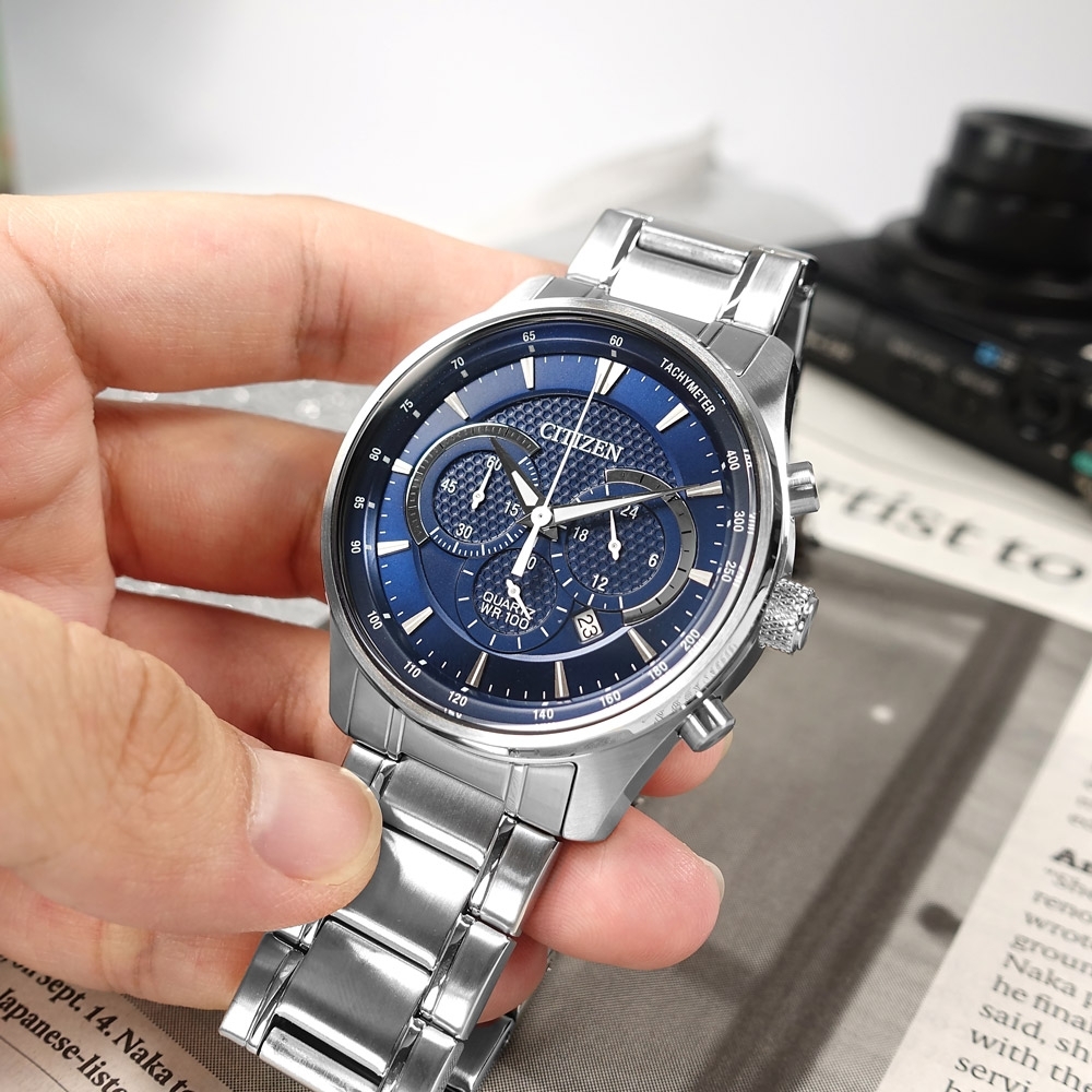 CITIZEN  經典商務 三眼計時 日期 防水100米 不鏽鋼手錶-藍色/ 42mm
