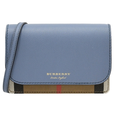 BURBERRY HAMPSHIRE 燙金品牌LOGO經典格紋棉麻牛皮翻蓋斜背包(淺藍)