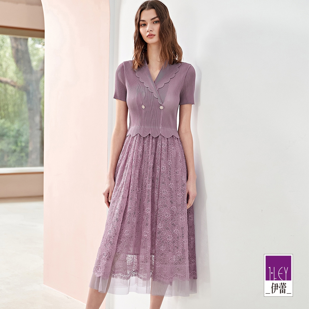 ILEY伊蕾 高級花瓣領剪接蕾絲細壓褶造型洋裝(紫色；M-XL)1231087116