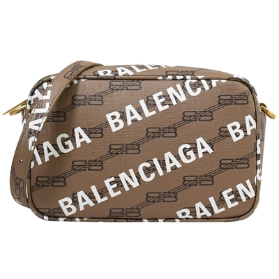 BALENCIAGA Signature 品牌印花造型小號斜背相機包(淺棕)