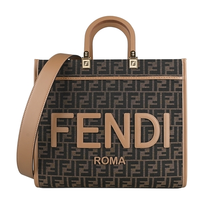 FENDI Sunshine皮革字母LOGO緹花布拼接小牛皮手提肩背托特包(中/棕x咖啡)