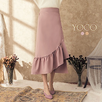 東京著衣-yoco 浪漫街頭排釦荷葉不對稱下擺長裙-S.M.L(共二色)