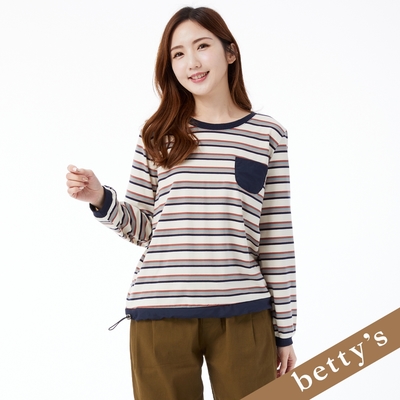 betty’s貝蒂思 彩色條紋下擺拼接抽繩長袖T-shirt(藍色)