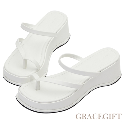 【Grace Gift】 一字細帶鬆糕厚底夾腳拖鞋 白