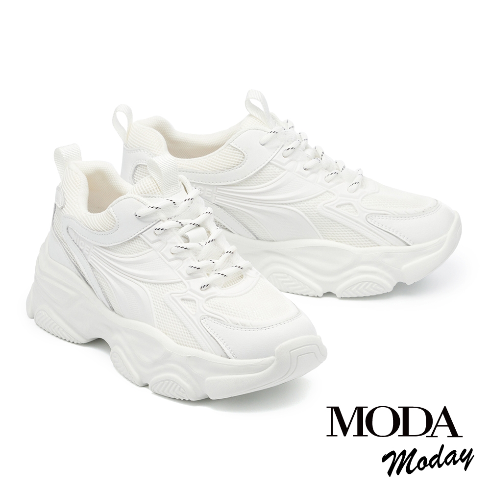 休閒鞋 MODA MODAY 純色個性潮態異材質綁帶厚底休閒鞋－白