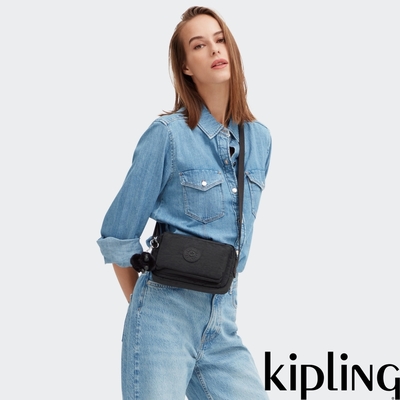 Kipling 曜岩黑品牌經典圓標前後加寬收納側背包-ABANU