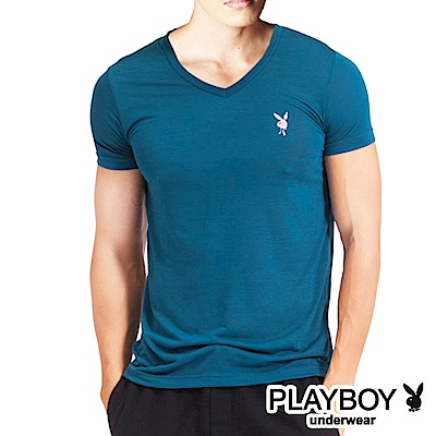 PLAYBOY 速乾機能服 排汗速乾透涼V領短袖衫(土耳其藍)
