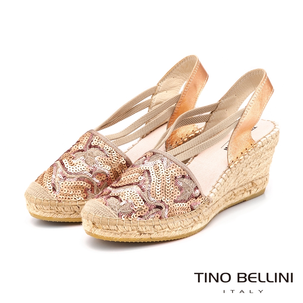 Tino Bellini西班牙進口華麗亮片圖騰麻編楔型涼鞋_粉