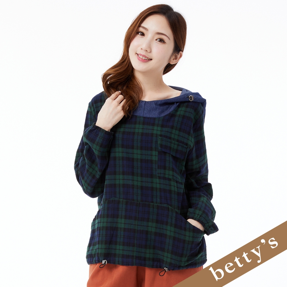 betty’s貝蒂思　格紋口袋牛仔連帽拼接上衣(綠色)