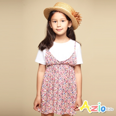 Azio Kids美國派 女童 洋裝 滿版彩色小花印花假兩件吊帶短袖洋裝(粉)