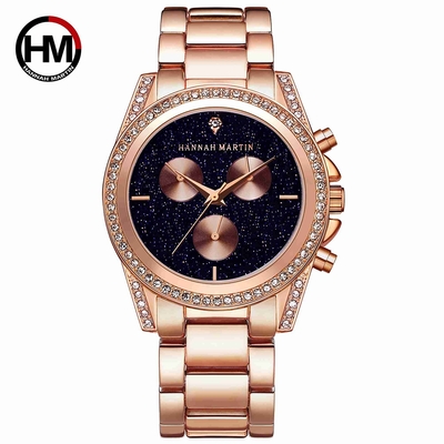 HANNAH MARTIN 黑夜繁星裝飾三眼不鏽鋼腕錶(HM-1108)黑x40mm