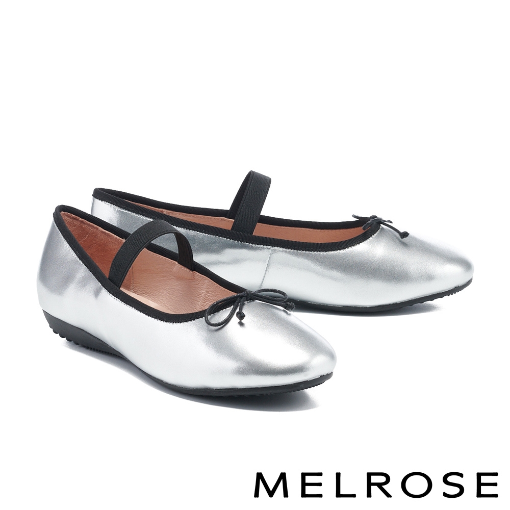 低跟鞋 MELROSE 典雅氣質蝴蝶結寬帶全真皮楔型低跟鞋－銀