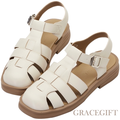 【Grace Gift】圓頭寬帶魚骨編織涼鞋 米白