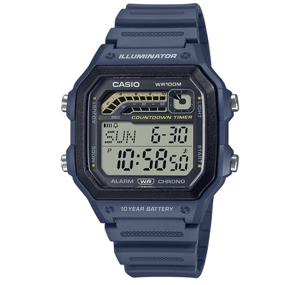 【CASIO】經典再現跑步訓練數位休閒錶-藍(WS-1600H-2A)/42.1mm