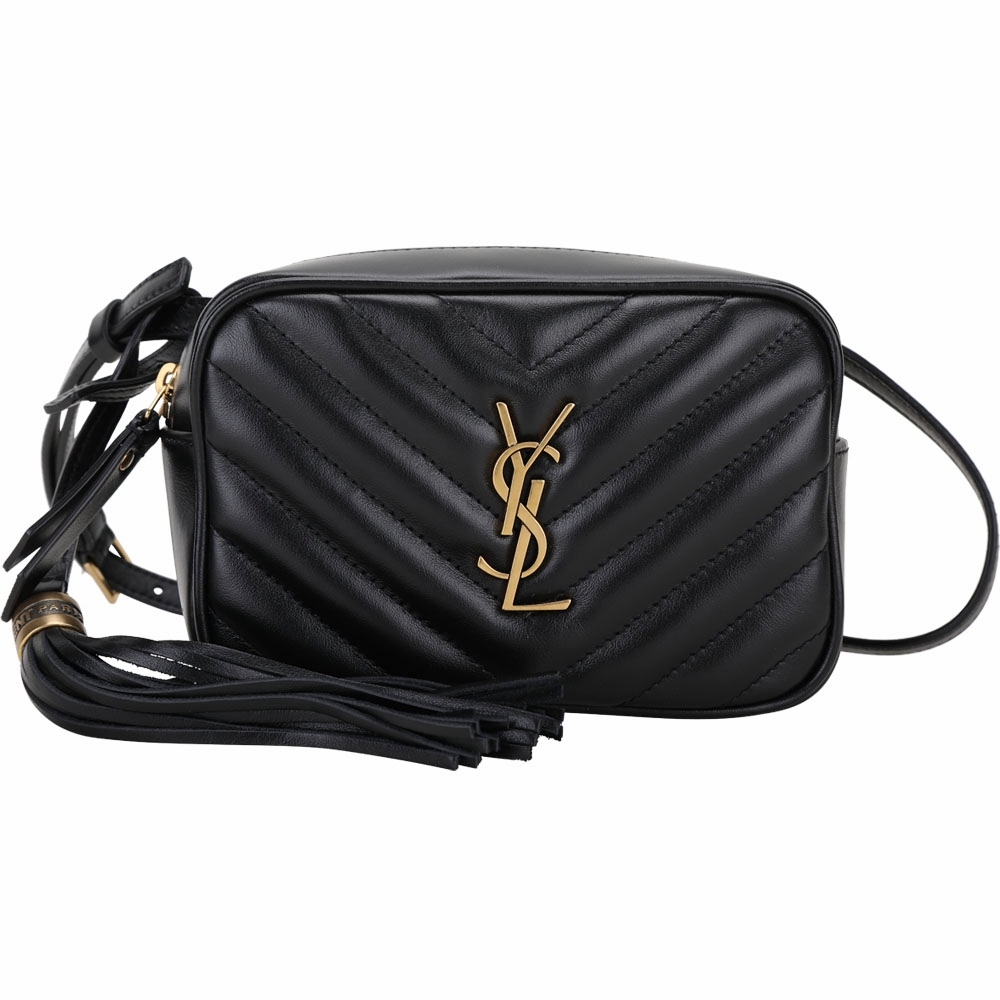 YSL Saint Laurent LOU 金字小牛皮流蘇肩背包/腰包(黑色)