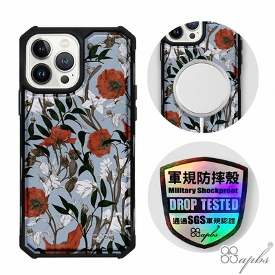 apbs iPhone 13 Pro Max / 13 Pro / 13 軍規防摔皮革磁吸手機殼-經典牛紋-花語-玫瑰百合-黑殼