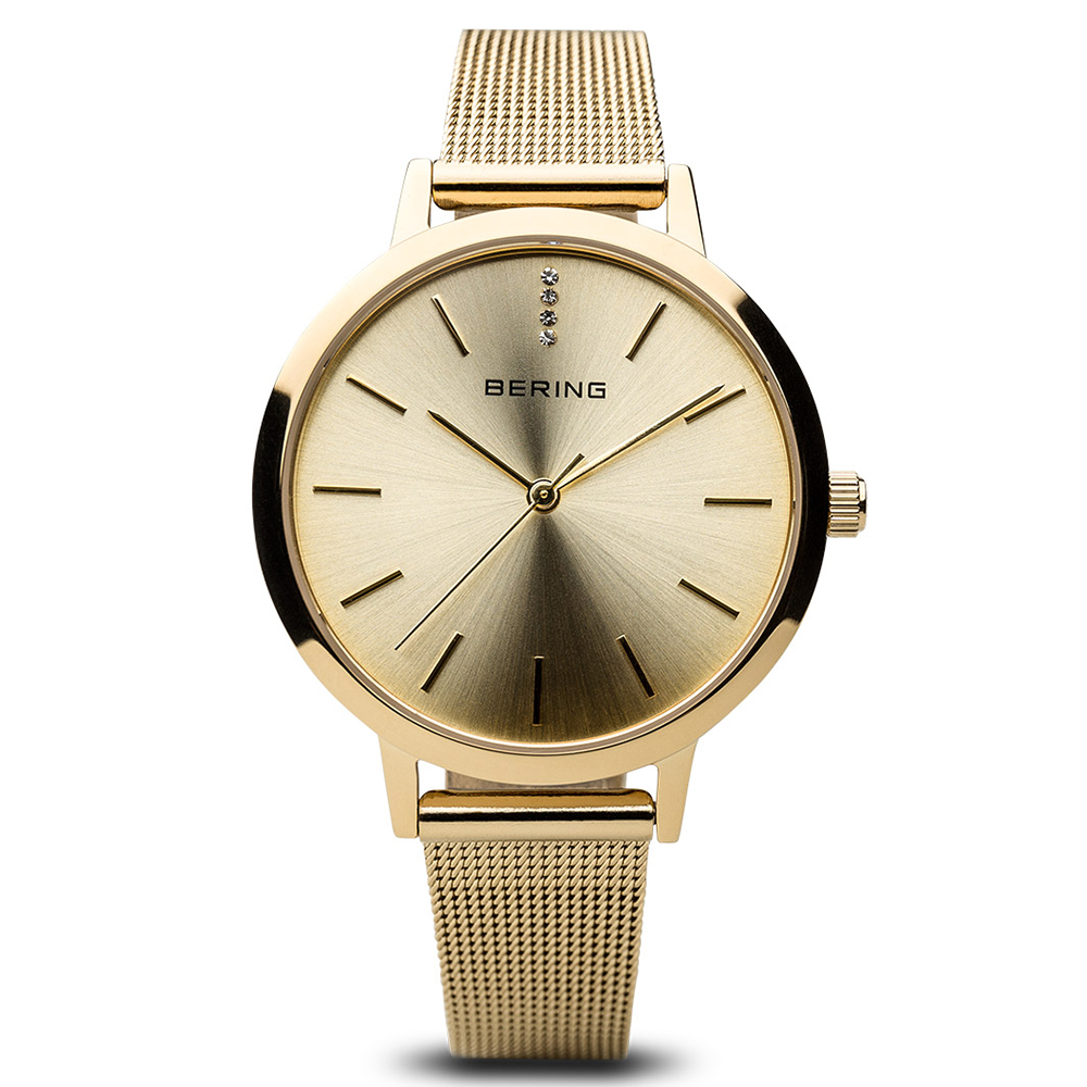 BERING簡約刻度米蘭錶帶系列 藍寶石鏡面 金色 手錶腕表34mm