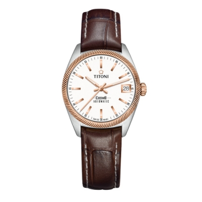 TITONI瑞士梅花錶 宇宙系列機械女錶(828 SRG-ST-606)-玫瑰金錶圈白面皮帶/33.5mm