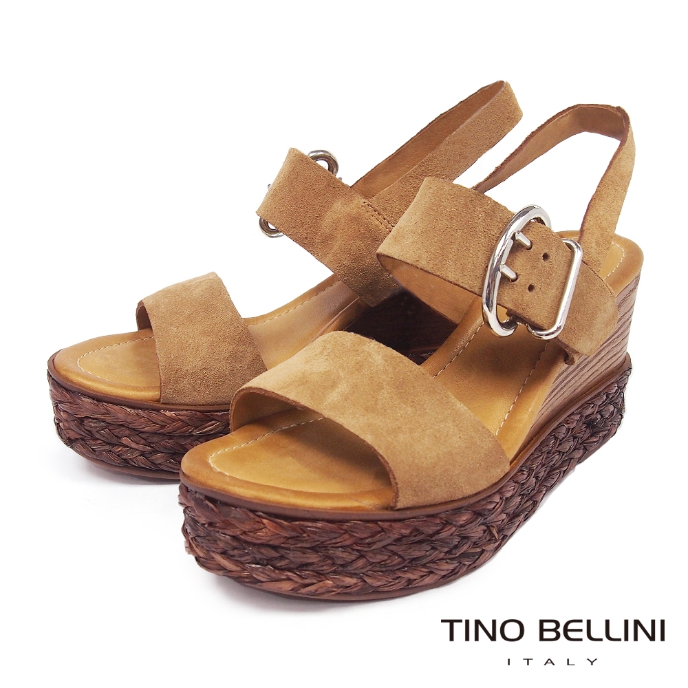 Tino Bellini 波西米亞牛麂皮木紋草編楔型涼鞋-棕