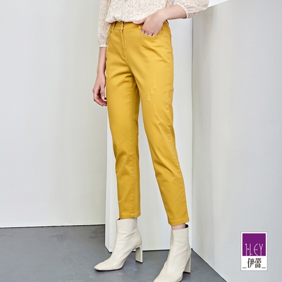 ILEY伊蕾 亮麗時髦刷破造型直筒棉質牛仔褲(芥黃色；M-XL)1224338606