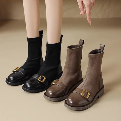 【LN】現+預 釦飾彈性舒適平底彈性短靴(女鞋/舒適/跟鞋)