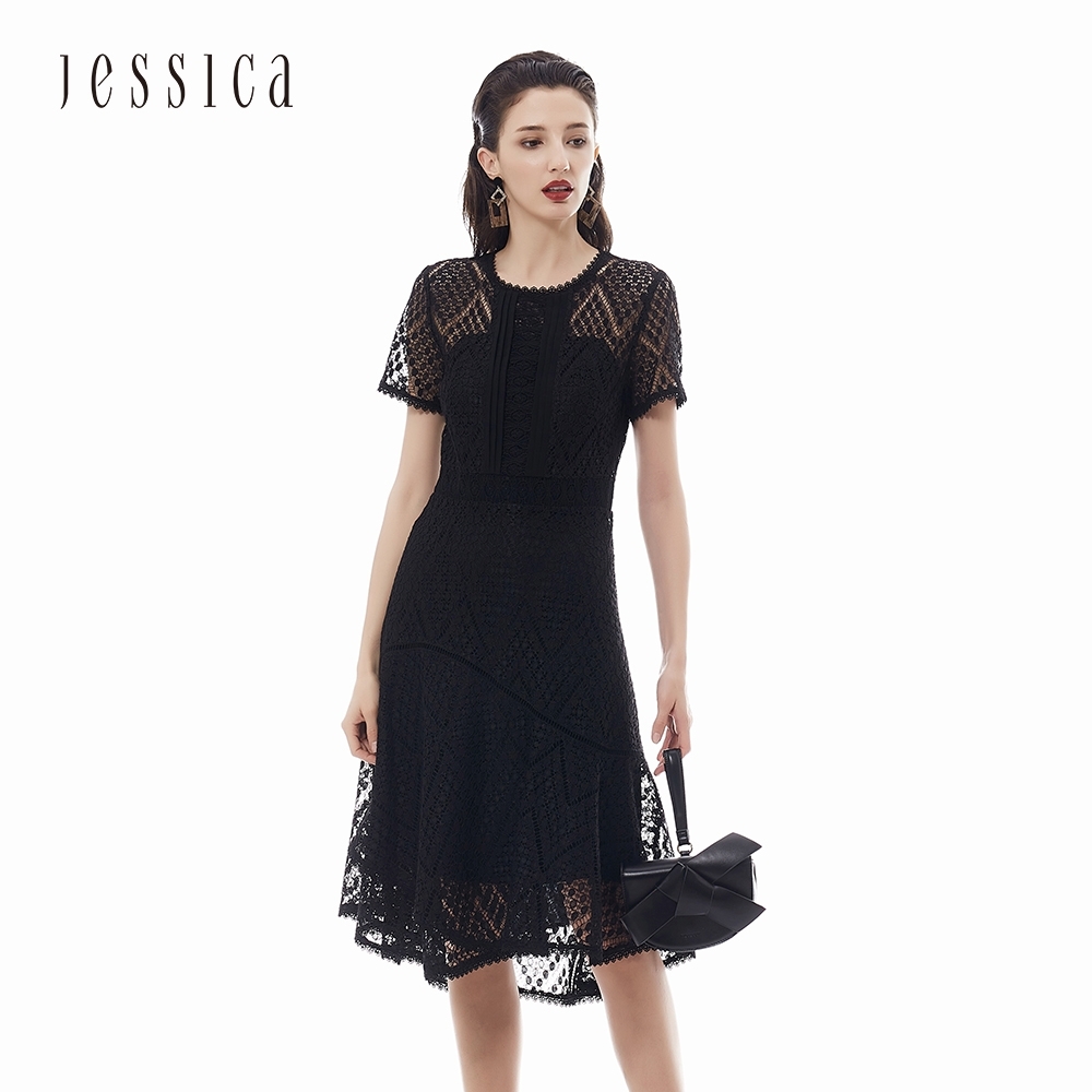 JESSICA - 黑色鏤空刺繡蕾絲不規則裙擺修身洋裝