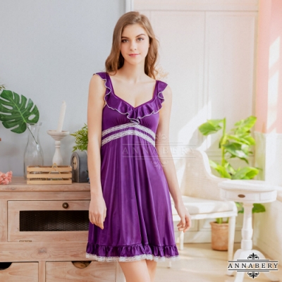 大尺碼Annabery 浪漫紫荷葉邊小蓋袖緞面二件式丁字褲性感睡裙 紫 L-2L
